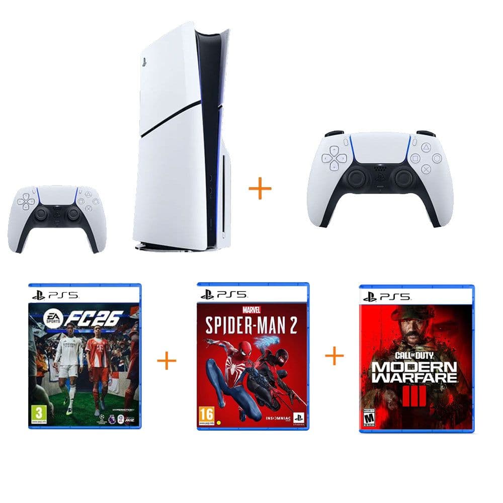 Sony Playstation 5 Standard Slim + Sony Original Game Pad DualSense + CD Game FC 2026 + CD Game Spider Man 2 Arabic Edition + CD Game Call Of Duty Modern Warfare 3