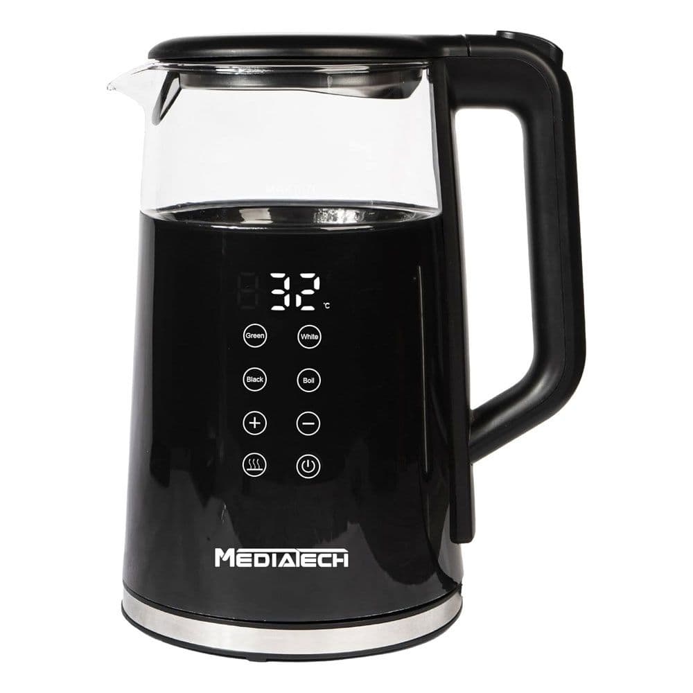 Media Tech Glass Digital Kettle 1.7 Liter 1850 Watts - PUREX - With Temperature Selection Display - Black - MT-KDP005