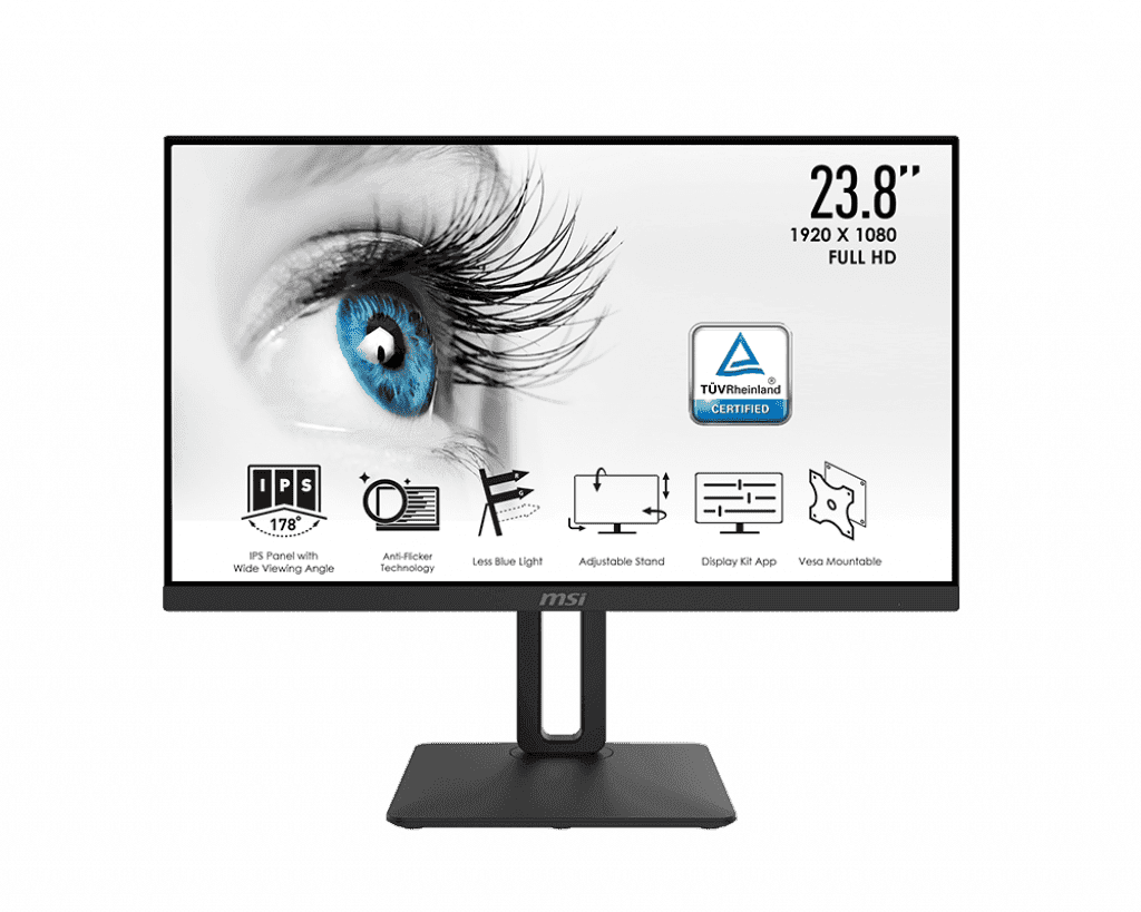 ام اس اي Pro MP242P شاشة 24 بوصة Full HD (1920 x 1080) - 75Hz - IPS - 5ms - حامل قابل للتعديل - مضادة للتوهج - مضادة للوميض - تقليل الضوء الأزرق معتمدة من TÜV - VESA - سماعات مدمجة