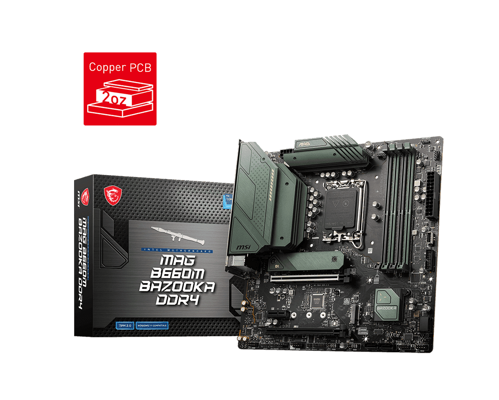 لوحة أم ام اس اي MAG B660M Bazooka DDR4 (mATX, انتل الجيل 12, سوكيت LGA 1700, DDR4, PCIe 4, 2.5G LAN, M.2, USB 3.2)