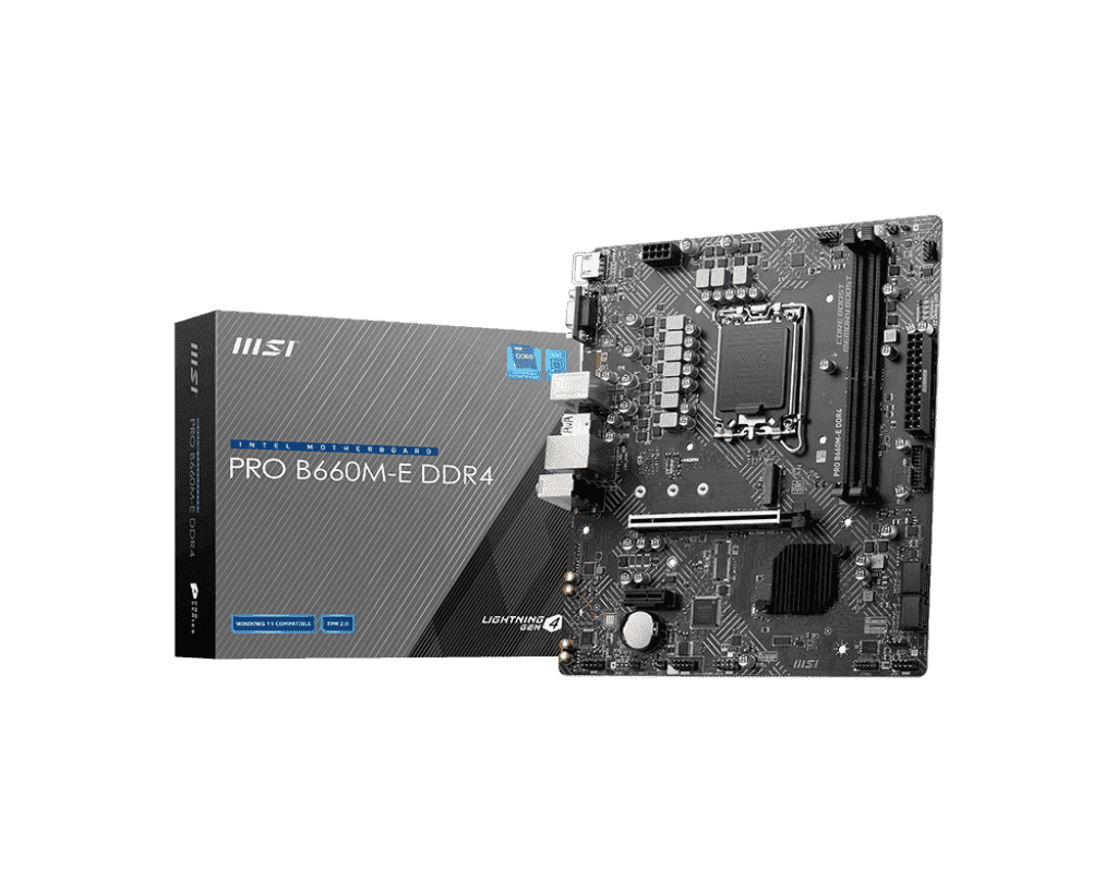 لوحة أم ام اس اي PRO B660M-E DDR4, Micro-ATX – تدعم معالجات انتل الجيل 12 Core, LGA 1700 – DDR4 Memory Boost 4600+MHz/OC, PCIe 4.0 x16 Slot, M.2 Gen3 x4, 2.5G LAN