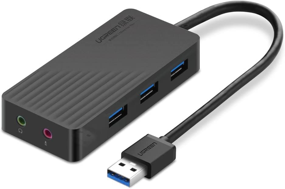 UGREEN USB 3.0 Hub 3 Ports USB Sound Card 2 in 1 External Stereo Audio Adapter 3.5mm with Headphone and Microphone 5Gbps High Speed for Mac OS Windows Linux iMac MacBook Mac Mini PCs Tablets(30420)