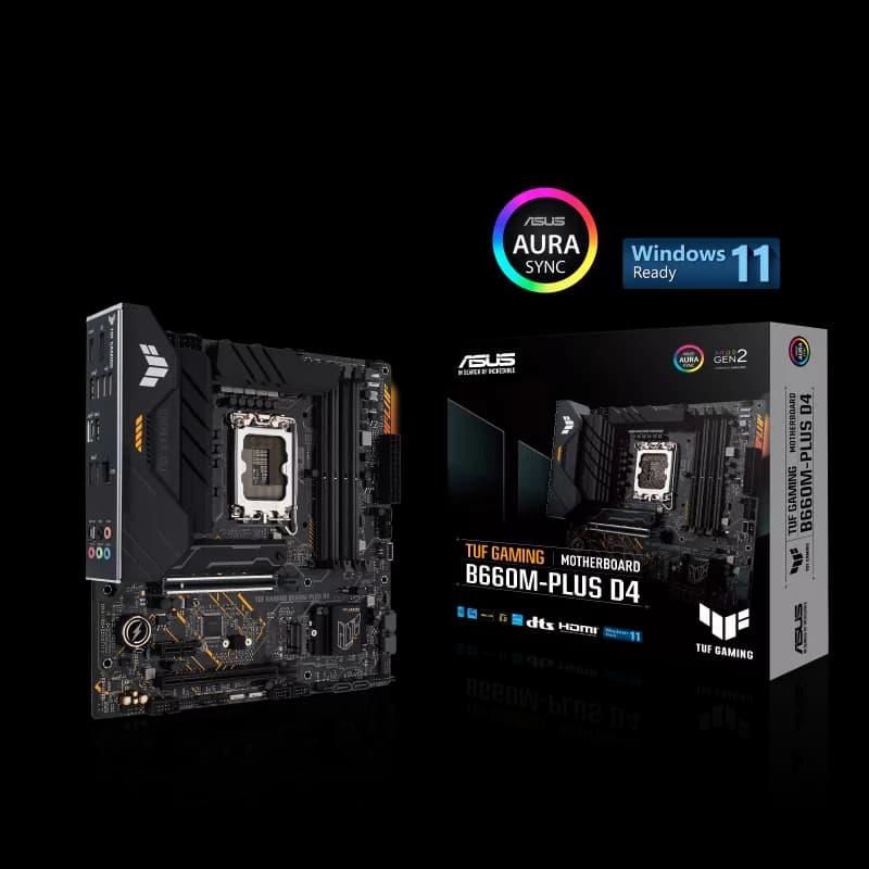 لوحة أم اسوس TUF GAMING B660M-PLUS D4 انتل B660 (LGA 1700) mATX، مراحل طاقة 10+1 DrMOS، دعم PCIe 5.0، DDR4 5333 (OC)، منفذين M.2 PCIe 4.0 مع مشتت حراري مرن، Realtek 2.5Gb Ethernet، منفذ خلفي USB 3.2 Gen 2x2 Type-C، منفذ أمامي USB 3.2 Gen 1 Type-C، Aura Sync، إلغاء ضوضاء ذكي ثنائي الاتجاه