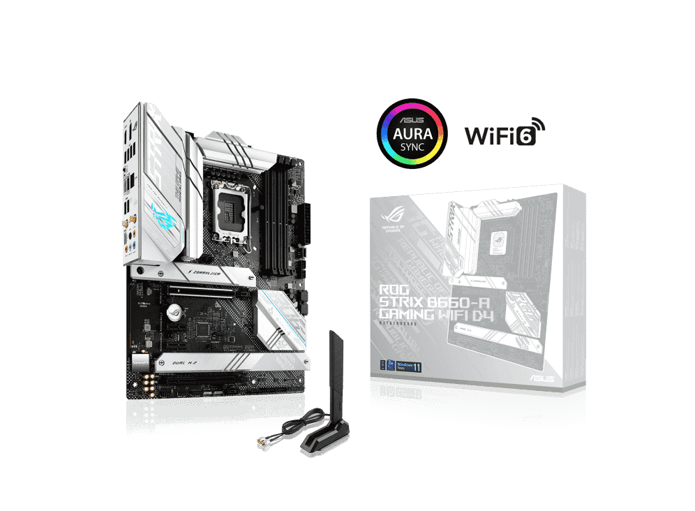 لوحة أم اسوس ROG STRIX B660-A GAMING واي فاي D4 انتل B660 LGA 1700 (الجيل 12) ATX مع PCIe 5.0، واي فاي 6، LAN 2.5 جيجابايت، 3 فتحات M.2، دعم SSD NVMe PCIe 4.0، عزل ضوضاء AI، تبريد AI، واضاءة Aura Sync RGB