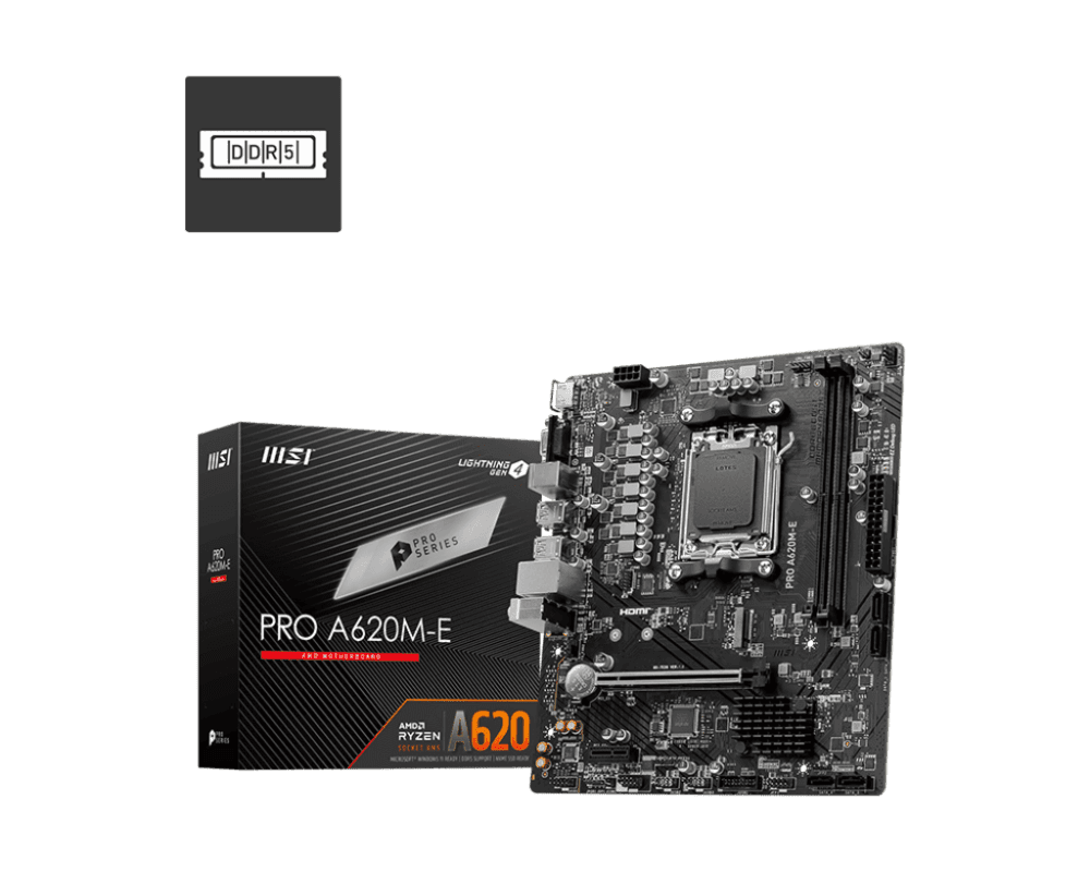 MSI PRO A620M-E Pro Series Motherboard (AMD AM5, DDR5, PCIe 4.0, SATA 6Gb/s, M.2, USB 3.2 Gen 1, Gbps LAN, DVI/HDMI, mATX)