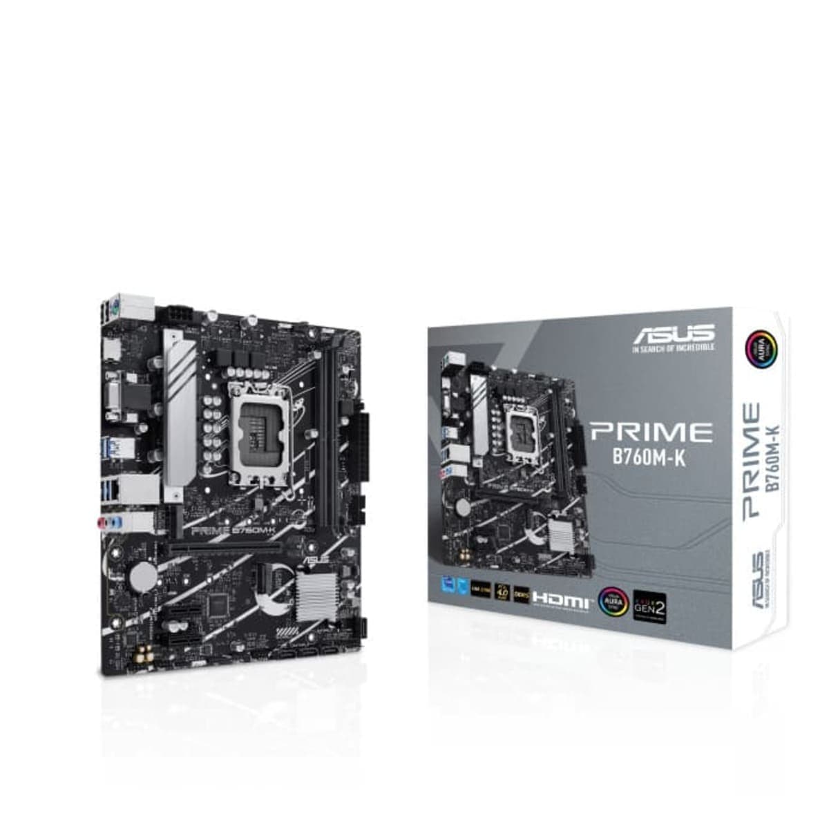 ASUS Prime B760M-K, an Intel® B760 LGA 1700 mATX motherboard with PCIe 4.0, two PCIe 4.0 M.2 slots, DDR5, Realtek 2.5Gb Ethernet, VGA, HDMI™, SATA 6 Gbps, front USB 3.2 Gen 1, Aura Sync