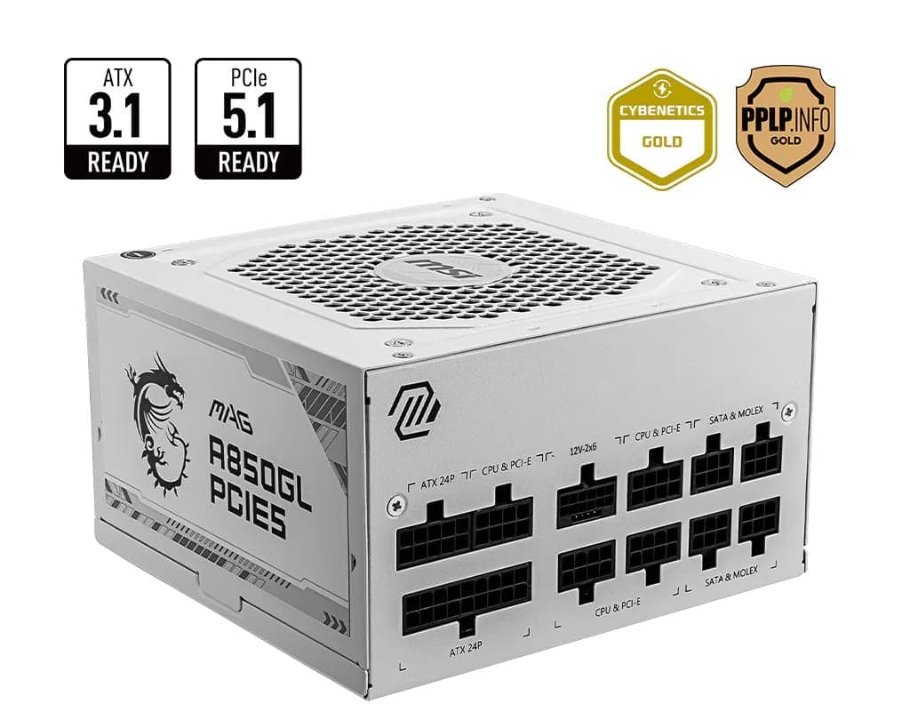 MSI MAG A850GL PCIE 5 Gaming Power Supply – ATX 3.1 & PCIE 5.1 Ready – Full Modular – 80 Plus Gold Certified 850W – ATX PSU – White -10 Year Warranty