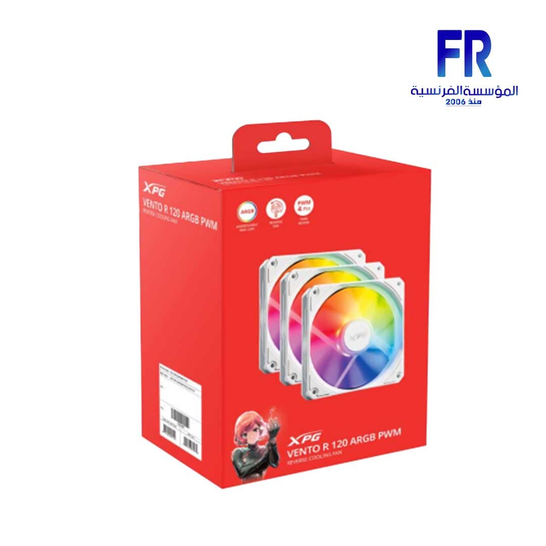 مروحة تبريد Xpg Vento R 120 ARGB PWM عدد 3 مراوح لون أبيض
