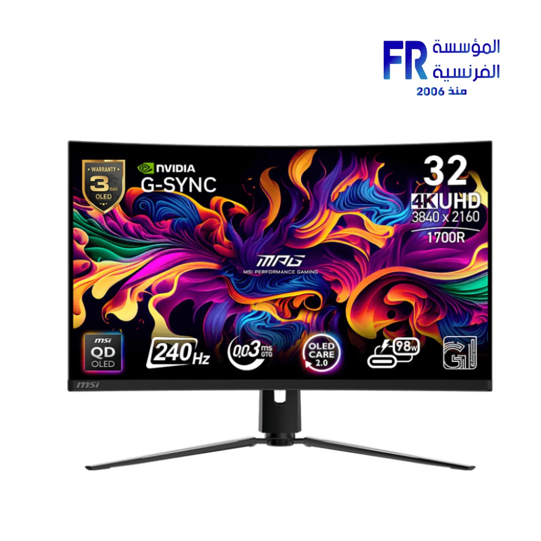 شاشة جيمنج ام اس اي MPG 321CURX QD OLED مقاس 32 بوصة، 240Hz، 0.03Ms، 4K UHD، منحنية، G Sync Compatible، KVM، USB C