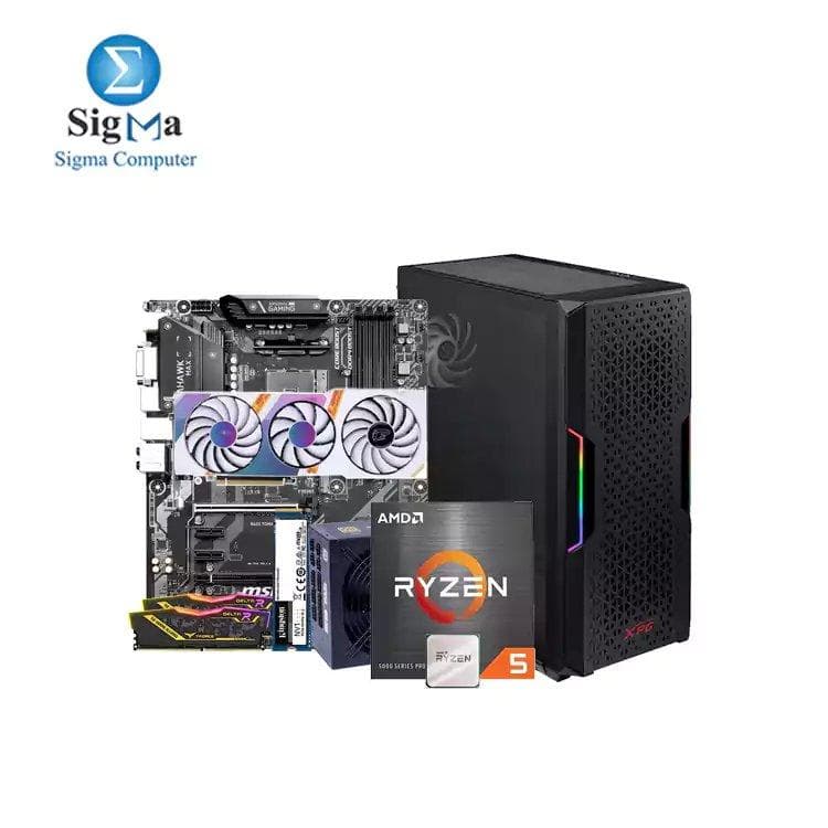 تجميعة كمبيوتر: معالج اي ام دي Ryzen 5 5600X، لوحة أم MSI B450 TOMAHAWK MAX، كارت شاشة iGame GeForce RTX 3070 Ti 8g، رام TEAM DELTA RGB 16G-2X8 3200Hz، هارد كينجستون NV1 500G M.2، كيسة XPG STARKER AIR، باور سبلاي Ecstasy Gaming 850W