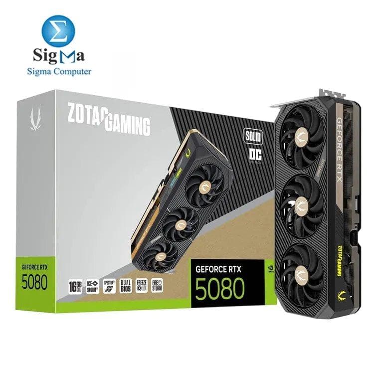ZOTAC GAMING GeForce RTX 5080 SOLID OC – 16GB GDDR7, 10,752 CUDA cores, 2640 MHz, PCIe 5.0, IceStorm 3.0 cooling, DLSS 4, 360W power, 3.5-slot, DP 2.1 & HDMI 2.1b.