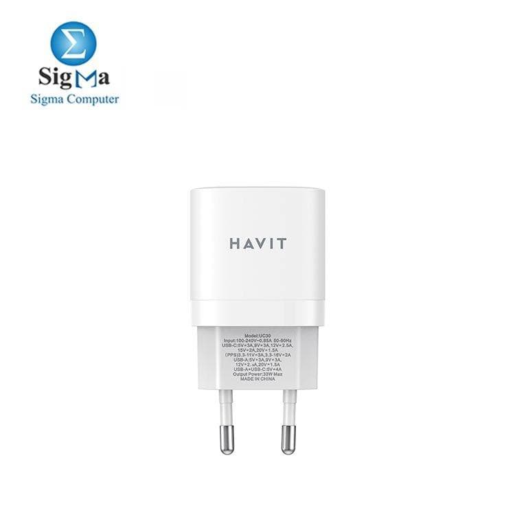 HAVIT UC30 Wall Charger – 33W fast charging with USB-C PD & USB-A QC3.0, GaN tech, PPS support, and universal compatibility
