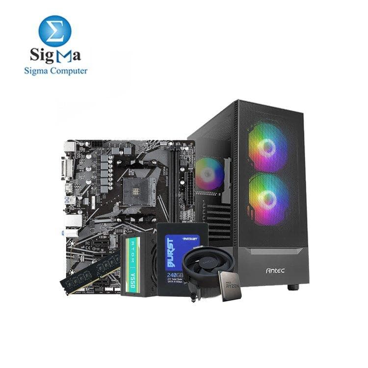 معالج اي ام دي Ryzen 5 PRO 5650G مع لوحة أم جيجابايت A520M H ورامات TEAM GROUP Elite 8GB وهارد Patriot Burst SSD 240GB وكيسة ANTEC NX4155 مع باور ANTEC V550