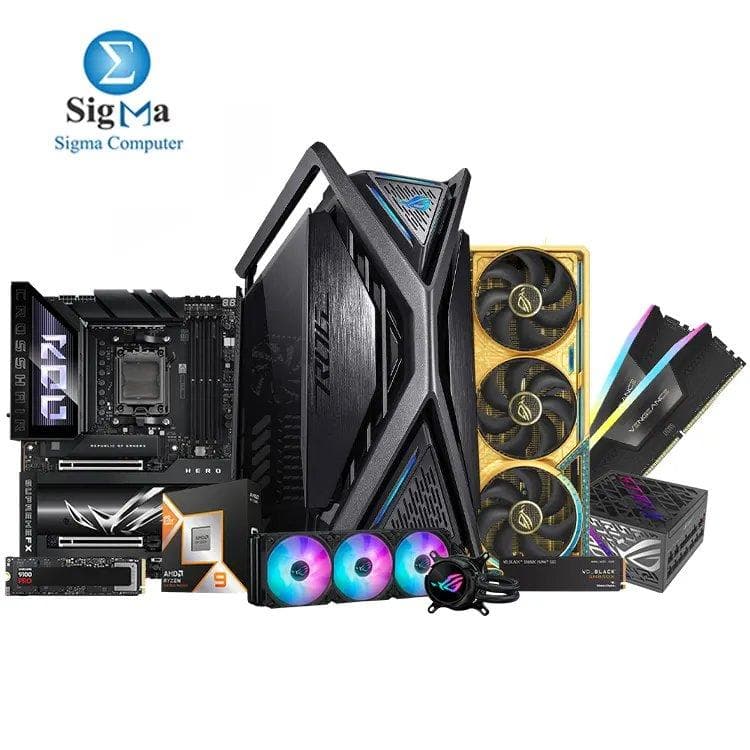 تجميعة Powered By اسوس - 04- ROG X870E HERO + Ryzen 9 9950X3D + RTX 5090 Dhahab 32GB + 96GB DDR5 + Gen5 SSD + ROG 1200W PSU + LC III 360 AIO + Hyperion GR701 Case.