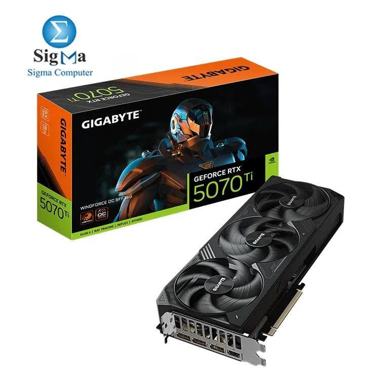 كرت شاشة جيجابايت GeForce RTX™ 5070 Ti يتميز بذاكرة 16GB GDDR7، عدد 8960 نواة CUDA، سرعة معالج 2497 MHz، منفذ PCI-E 5.0، دقة 7680 x 4320، ويتطلب مزود طاقة 750W مع موصل طاقة 16-pin