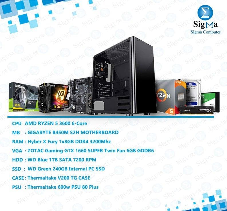 باندل معالج RYZEN 5 3600 - كرت شاشة ZOTAC GTX 1660 SUPER Twin Fan 6GB - لوحة أم B450M DS3H - هارد ويسترن ديجيتال Blue 1TB - رام Hyber X Fury 8GB DDR4 3200 - هارد Green 240GB - كيسة Thermaltake V200 TG +600W 80+