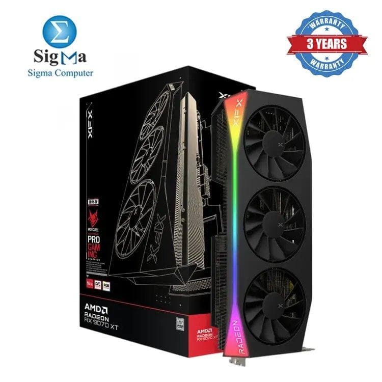 كرت شاشة XFX Mercury RX 9070 XT OC – سعة 16GB GDDR6، سرعة تصل إلى 3100MHz، PCIe 5.0، ثلاث مراوح، 3x DP 2.1، 1x HDMI 2.1، طاقة 3x 8-pin