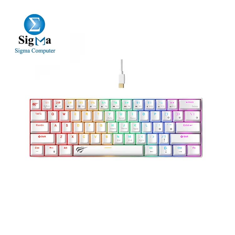 Havit KB903L 61-Key Mechanical Gaming Keyboard – Red Switches, RGB Backlight, USB-C Wired, Detachable Cable, Ergonomic Design.White