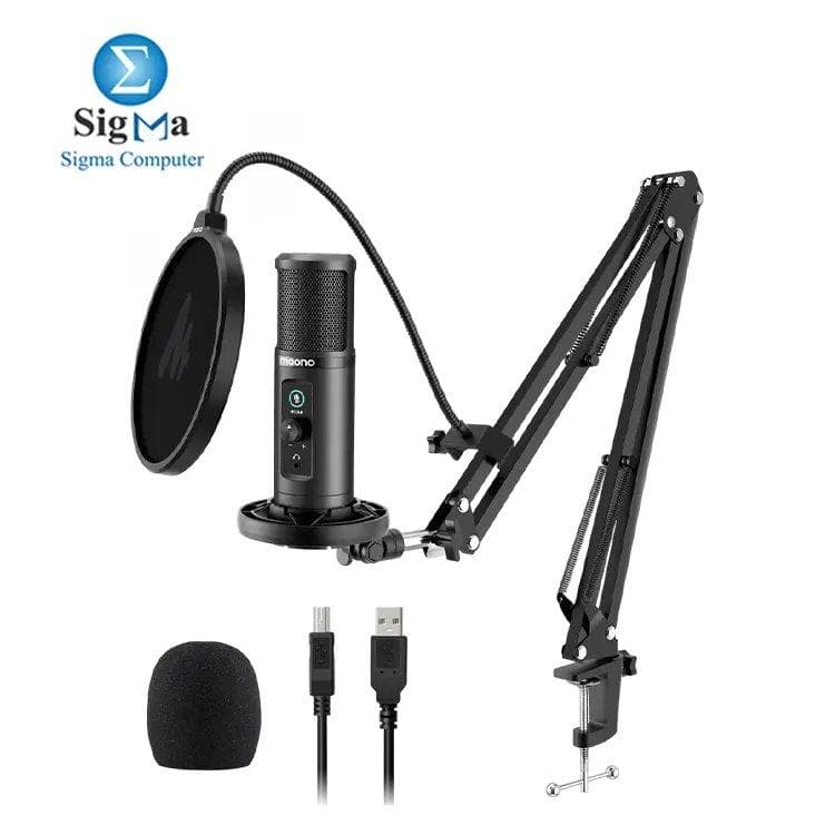 MAONO PM422 – USB Podcast Microphone with 192kHz/24-bit sound, cardioid pattern, zero-latency monitoring, mute button, gain control, and premium boom arm kit.