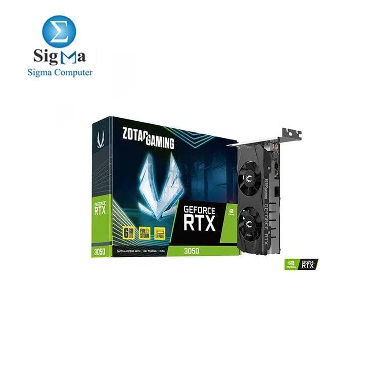 كرت شاشة ZOTAC GeForce RTX 3050 6GB GDDR6 Low Profile — 2304 نواة CUDA، 6 جيجا GDDR6، سرعة 1470 ميجاهرتز، ناقل ذاكرة 96-بت، طاقة 70 وات، مخرجين للشاشة، PCIe 4.0 x8