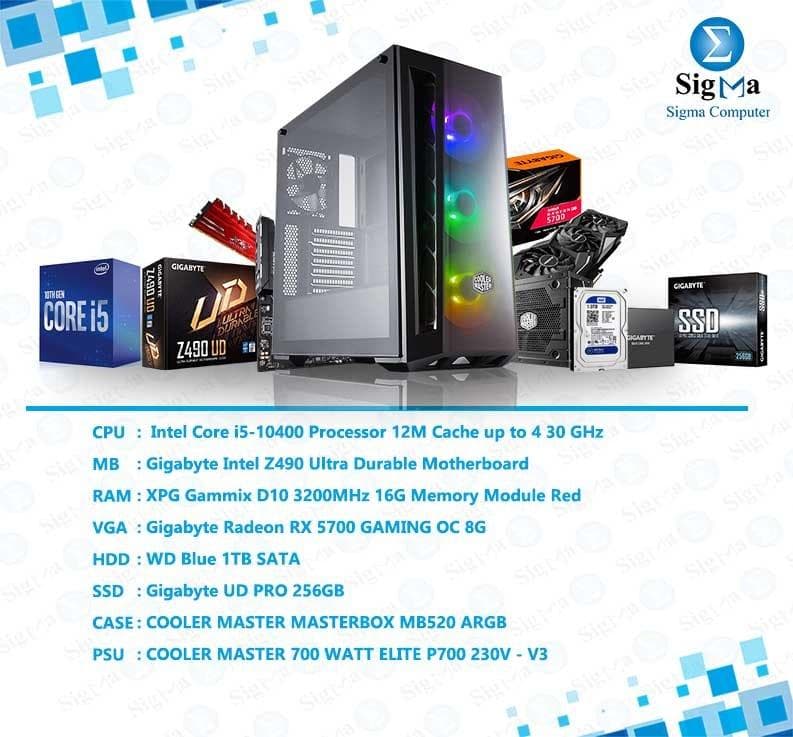 تجميعة انتل Core i5-10400 - لوحة أم Z490 Ultra Durable - رامات XPG 3200MHz 16G - كرت شاشة RX 5700 GAMING OC 8G - هارد WD Blue 1TB SATA - هارد 256GB - كيسة MB520 - باور سبلاي 700