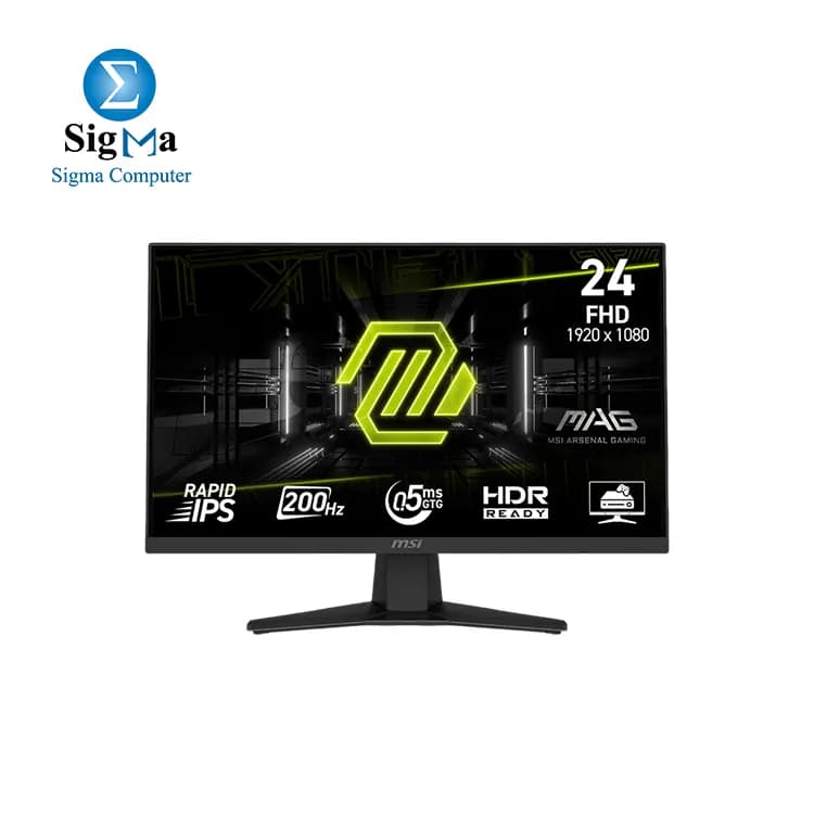 شاشة جيمنج ام اس اي MAG 244F مقاس 24 بوصة 1920 x 1080 (FHD)، تردد 200Hz، تقنية Adaptive Sync، مداخل HDMI و DisplayPort، قابلة للتعليق VESA، إمالة، تعديل الارتفاع، سماعة، استجابة 0.5ms، لون أسود