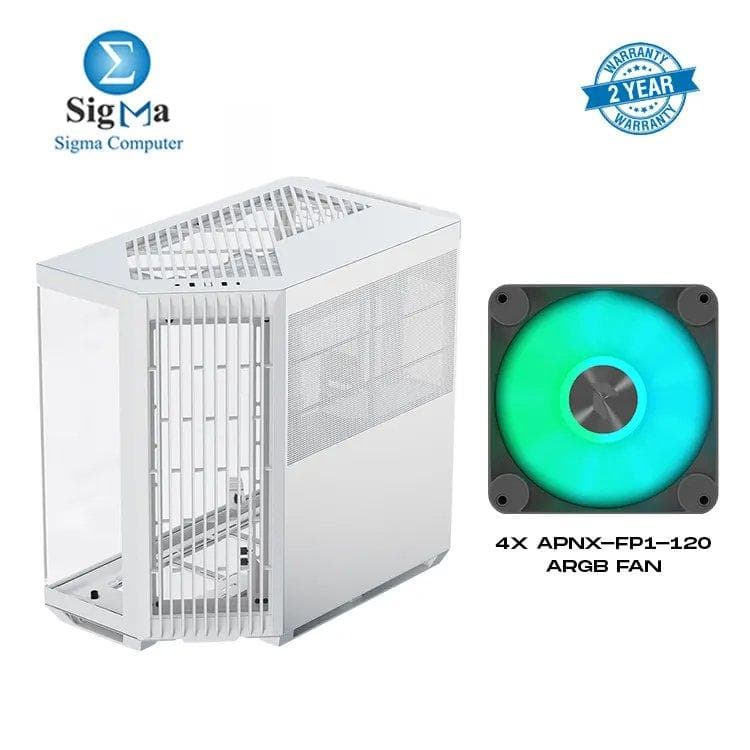 APNX V1 Dual-Chamber ATX Mid-Tower With 4x APNX-FP1-120 ARGB FAN PC Case Panoramic Glass Panels 10 Fan Slots 360mm Radiator Support Front Angular Intake 16cmx2 Fan Bracket GPU Mount Cable Management Type-C White