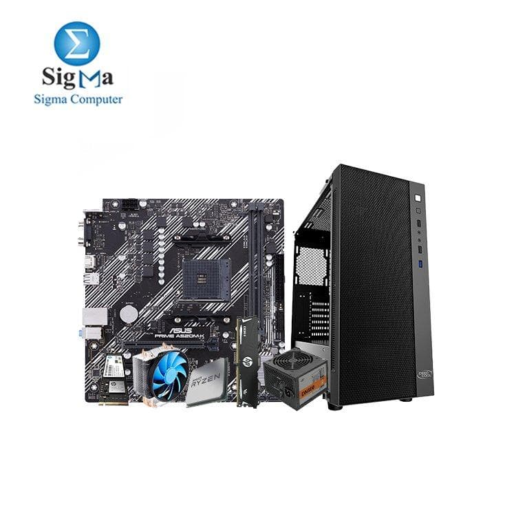 تجميعة كمبيوتر: معالج اي ام دي Ryzen 3 PRO 2100GE، لوحة أم اسوس PRIME A520M-K، رام HP V6 8GB 3200، هارد HP EX900 M.2 128GB، مبرد DEEPCOOL GAMMAXX 200T، كيس deepcool matrexx 55 مع باور سبلاي 500W
