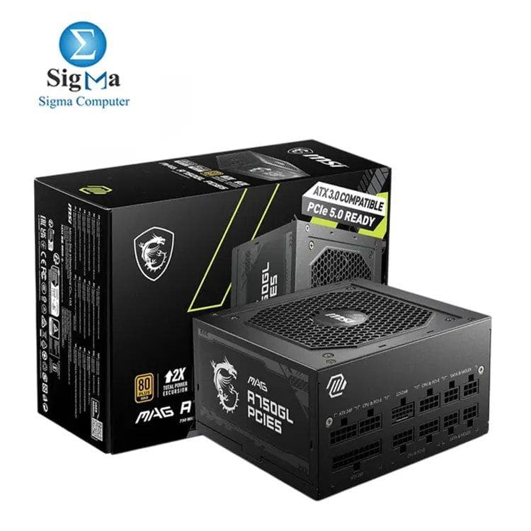 مزود طاقة ام اس اي MAG A750GL PCIE5, 750W, 80+ Gold, موديلار بالكامل, ATX 3.1, PCIe 5.1, مروحة FDB 120mm