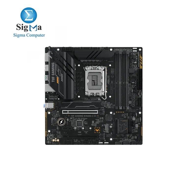 لوحة أم جيمنج اسوس TUF GAMING B760M-E D4 انتل B760 LGA 1700 mATX (DDR4, PCIe 4.0, 2x M.2, 10+1 DrMOS, 2.5Gb Ethernet, M.2 for Wi-Fi Ready, DisplayPort, HDMI, USB 3.2 Gen 2, Aura Sync RGB)