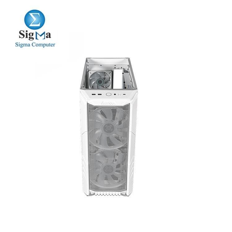كولر ماستر HAF500 إصدار أبيض: ATX ميد تاور مع زجاج مقوى، 2 مروحة 200mm ARGB، منفذ USB 3.2 Gen 2 Type-C، مروحة GPU قابلة للدوران، دعم لوحات أم حتى E-ATX ورادياتير مزدوج 360mm