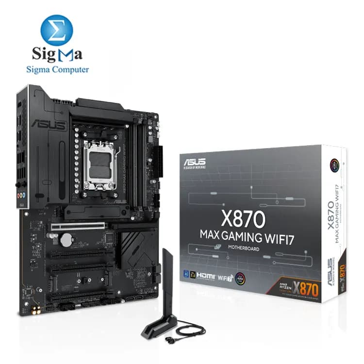 ASUS X870 MAX GAMING WIFI7 – ATX motherboard, AMD X870 chipset, AM5 socket, DDR5 256GB, PCIe 5.0, 3x M.2, 4x SATA, USB4, Wi-Fi 7, BT 5.4, HDMI, USB-C, Realtek 2.5Gb LAN, Aura Sync.