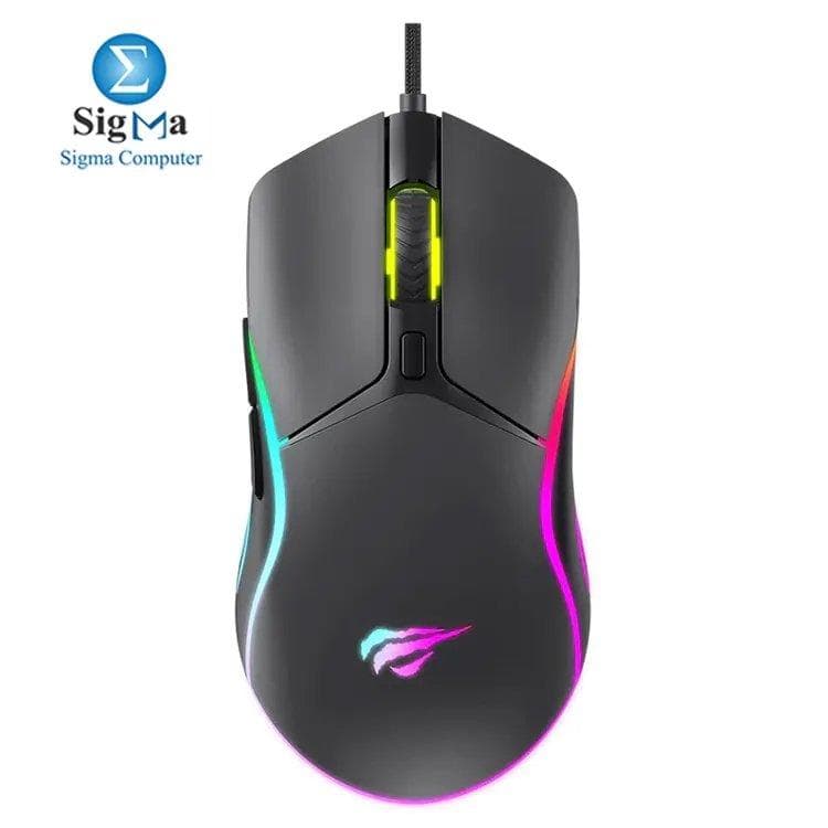 ماوس جيمنج سلكي هافيت MS1029 RGB بـ 6 أزرار قابلة للبرمجة، دقة 800–7200 DPI، إضاءة RGB، وتصميم مريح