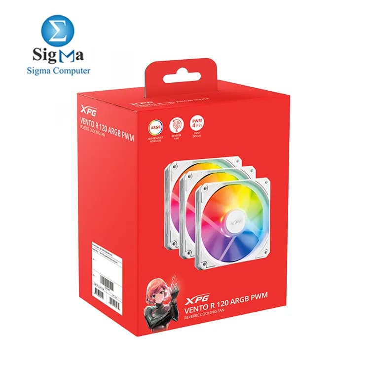مراوح تبريد XPG VENTO R عدد 3 مقاس 120 مم، لون أبيض، ARGB PWM