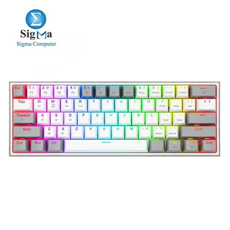 Redragon Fizz Pro K616 RGB 60% Mechanical Keyboard – Red Switch, Hot-Swappable, Tri-Mode (USB-C / 2.4GHz / Bluetooth), White & Gray, Arabic