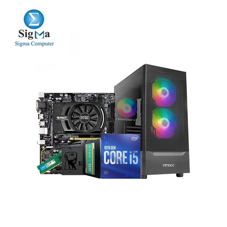 تجميعة انتل Core i5-10400F، لوحة أم جيجابايت B460M DS3H، كرت شاشة PALIT GeForce GTX 1650، رام Crucial 8GB DDR4-3200، هارد كينجستون 240GB SSD، كيسة ANTEC NX4155، باور سبلاي ANTEC V550
