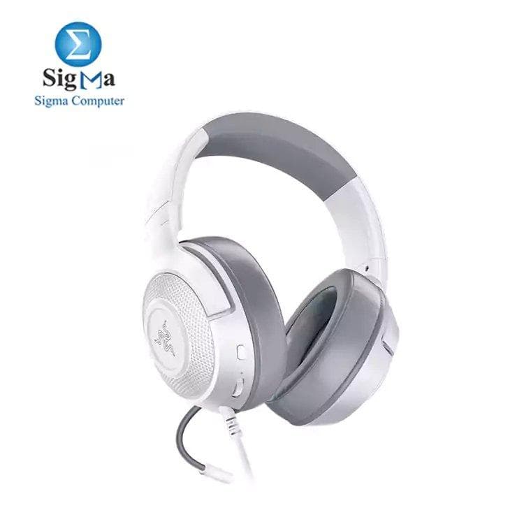 سماعة ريزر Kraken X (أبيض Mercury) وزن خفيف 250 جرام، صوت محيطي 7.1، تعريفات 40 مم، مايك أحادي الاتجاه، توصيل 3.5 مم، وسائد جلد صناعي