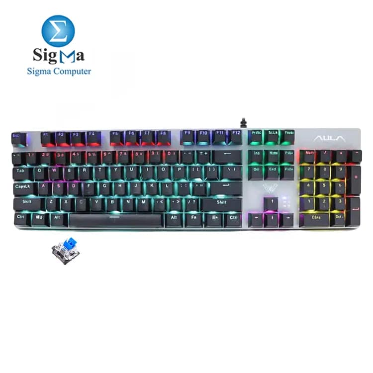 كيبورد ميكانيكي Aula F2068Pro بسويتش أزرق - 104 مفتاح، USB، إضاءة رينبو