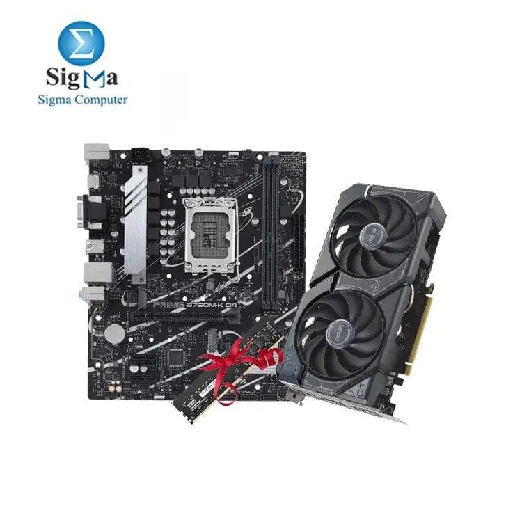 باندل لوحة أم اسوس INTEL-PRIME B760M-K D4 مع كرت شاشة اسوس Dual GeForce RTX 4060 OC Edition 8GB بالإضافة لرام مجانية KLEVV-16GB DDR4 3200MHz UDIMM-PC
