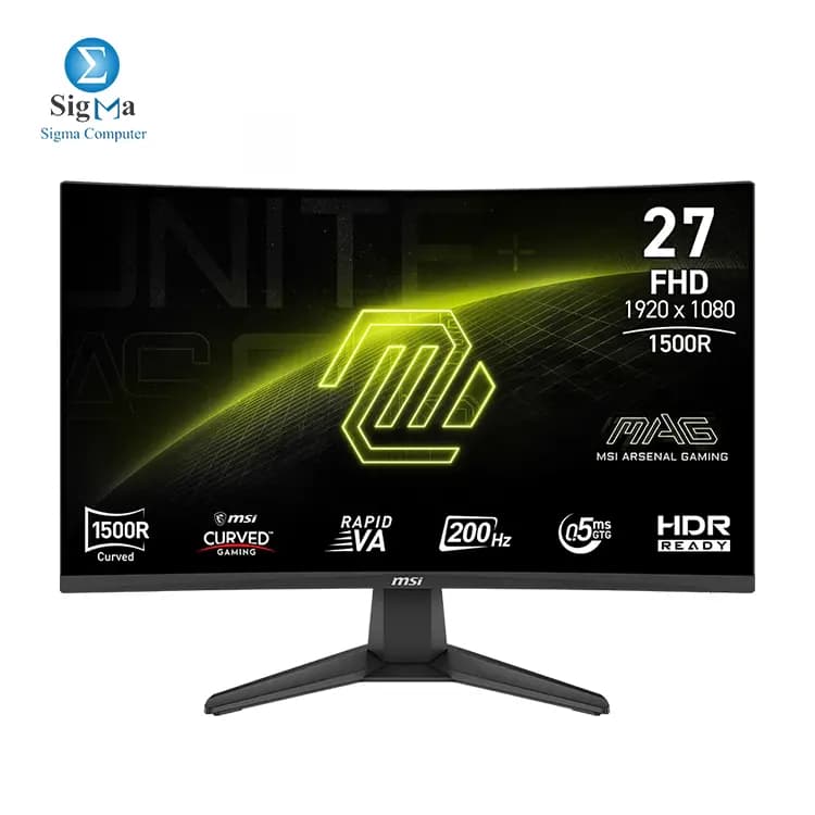 شاشة جيمنج ام اس اي mag 276CF E20 مقاس 27 بوصة 1920x1080 (FHD)، تردد 200Hz، تدعم Adaptive-Sync، HDMI، DisplayPort، قابلة للتعليق VESA، إمالة، ارتفاع قابل للتعديل، سماعة، 0.5ms، لون أسود