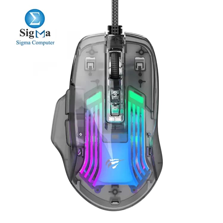 ماوس هافيت Havit MS1011SE بـ 7 أزرار قابلة للبرمجة، دقة تصل إلى 7200 DPI، إضاءة RGB، مستشعر A725F، وزن 113 جرام، كابل USB 1.5 متر