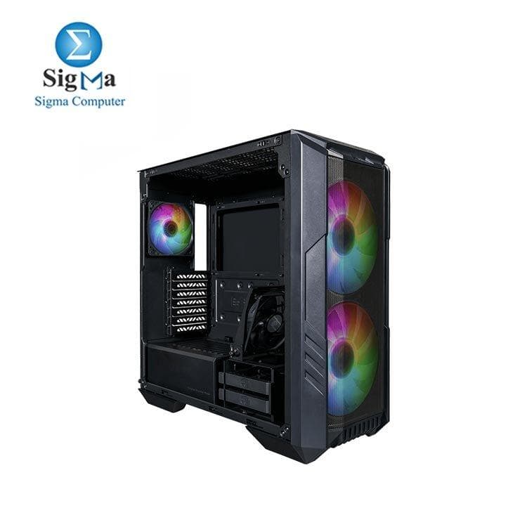 Cooler Master HAF 500 Mid-Tower PC Case with 2x 200mm ARGB fans, rotatable 120mm GPU fan, supports up to E-ATX motherboards, dual 360mm radiators, tempered glass side panel, and USB 3.2 Gen 2 Type-C