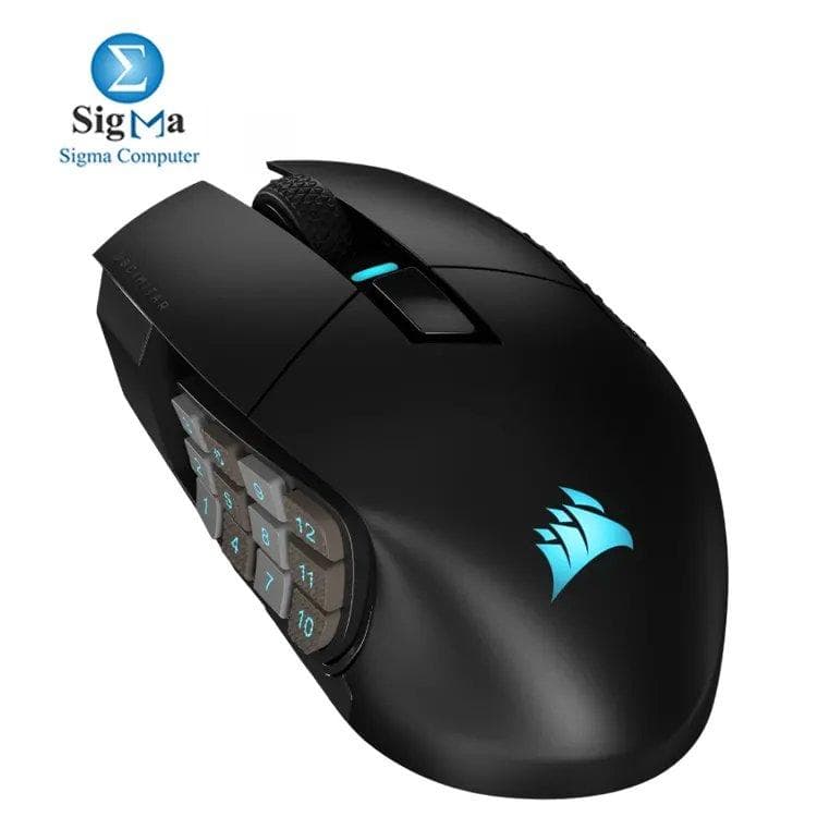 Corsair SCIMITAR ELITE WIRELESS – 16 programmable buttons, adjustable 12-button side panel, optical sensor, palm grip, 114g weight.
