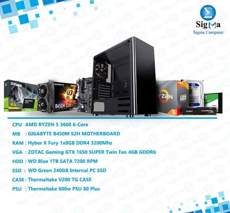 باندل معالج RYZEN 5 3600 - كرت شاشة ZOTAC Gaming GTX 1650 SUPER Twin Fan 4GB GDDR6 - لوحة أم B450M DS3H - هارد ويسترن ديجيتال Blue 1TB - رام Hyber X Fury 8GB DDR4 3200 - هارد Green 240GB - كيسة Thermaltake V200 TG +600W 80+