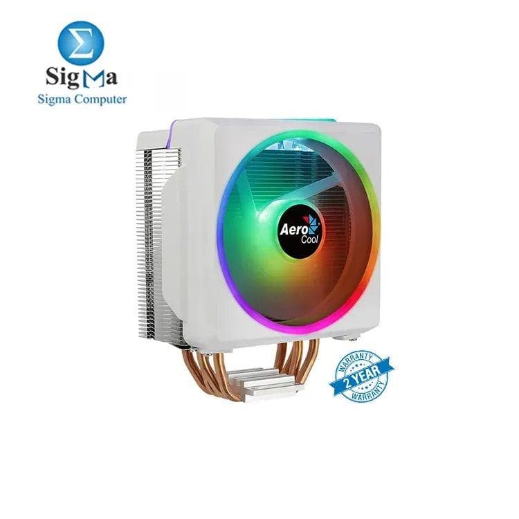 Aerocool Cylon 4F ARGB CPU Air Cooler with 4 heat pipes, 120mm ARGB fan (800–1800 RPM), supports up to 145W TDP, and compatible with Intel LGA 1700 & AMD AM5 sockets White edition