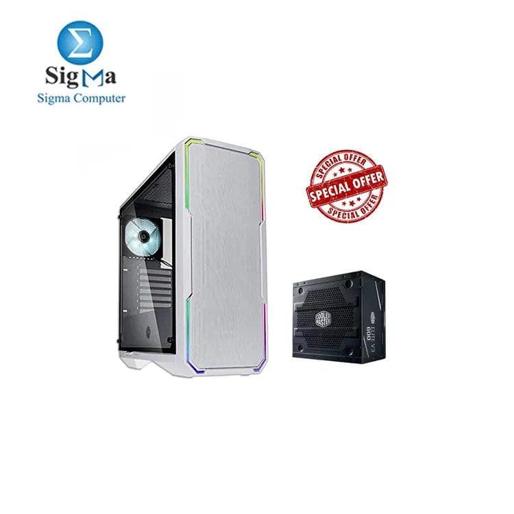 باندل كيسة BitFenix Enso Mesh بواجهة شبكية بيضاء ومروحتين مع باور Cooler Master Elite V3 600 Watts