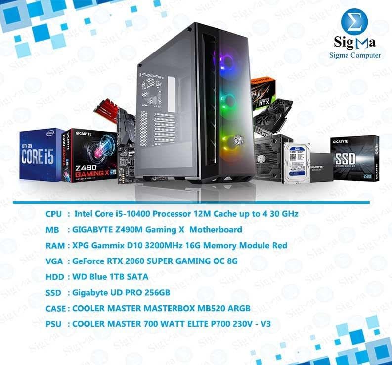 تجميعة انتل Core i5-10400 - لوحة أم Z490 GAMING X - رامات XPG 3200MHz 16G - كرت شاشة RX 5700 GAMING OC 8G - هارد WD Blue 1TB SATA - هارد 256GB - كيسة MB520 - باور سبلاي 700