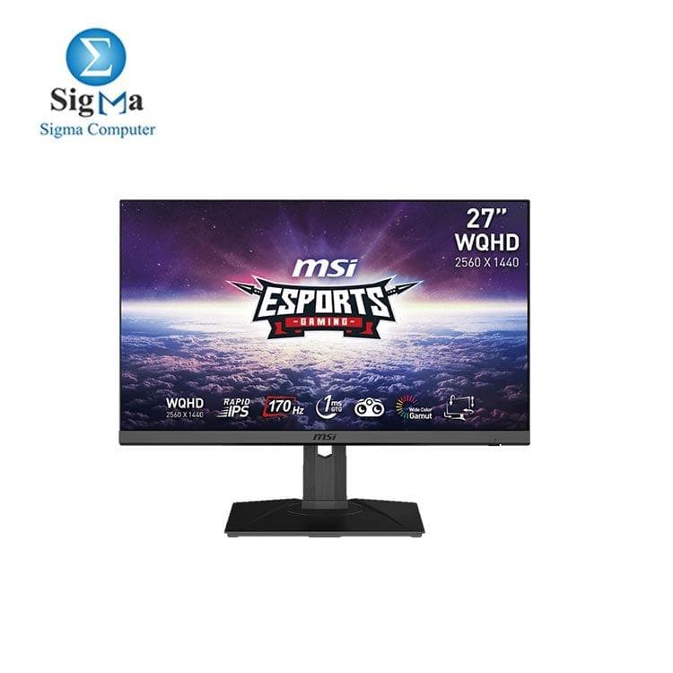 شاشة جيمنج ام اس اي G272QPF مقاس 27 بوصة، دقة QHD، لوحة Rapid IPS، استجابة 1ms، تردد 170Hz، تدعم G-Sync و HDR، مداخل HDMI و Displayport، قابلة للإمالة والدوران وتعديل الارتفاع