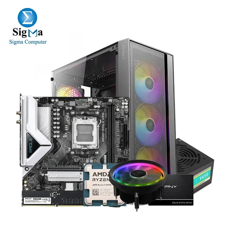 تجميعة كمبيوتر PANDA P51، معالج AMD Ryzen 5 8500G، مبرد GAMDIAS BOREAS E1L-010، لوحة أم جيجابايت B840M EAGLE WIFI6، رام PNY 8GB DDR5 4800MHz، هارد PNY CS900 500GB SATA III، كيسة Antec AX65 مع 4 مراوح وباور سبلاي Atom V450 450W