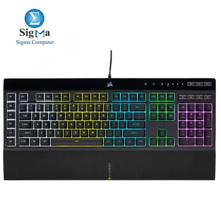 Corsair K55 RGB PRO – RGB backlighting, 6 macro keys, media controls, wrist rest, spill-resistant, rubber dome switches, USB wired.